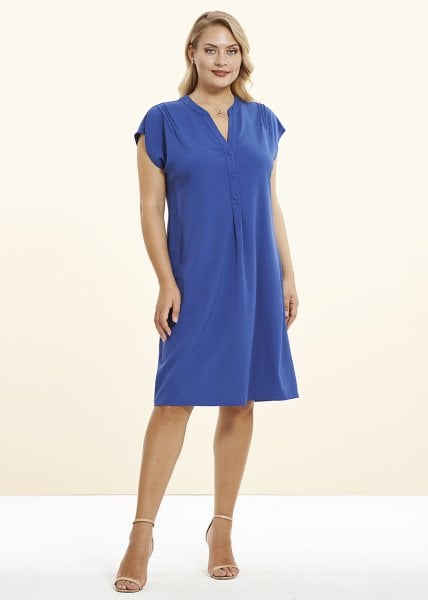 Mavi Omuzu Nervürlü Büyük Beden Elbise