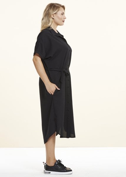 Belden Kemerli Siyah Büyük Beden Gömlek Elbise