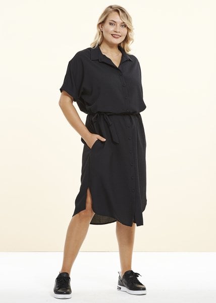 Belden Kemerli Siyah Büyük Beden Gömlek Elbise