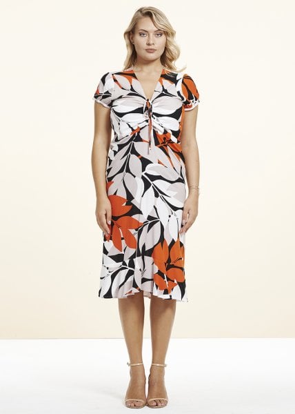 Turuncu Viskon Yakası Büzgülü Büyük Beden Elbise