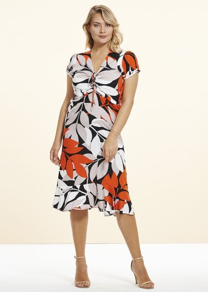 Turuncu Viskon Yakası Büzgülü Büyük Beden Elbise