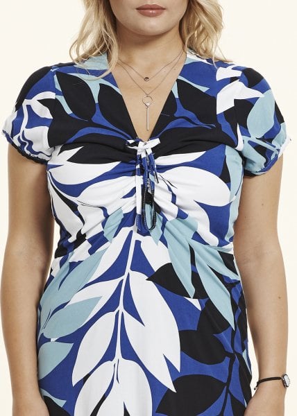 Mavi Viskon Yakası Büzgülü Büyük Beden Elbise