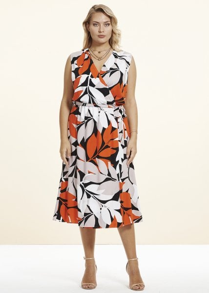 Turuncu Viskon Anvelop Yaprak Desenli Büyük Beden  Elbise