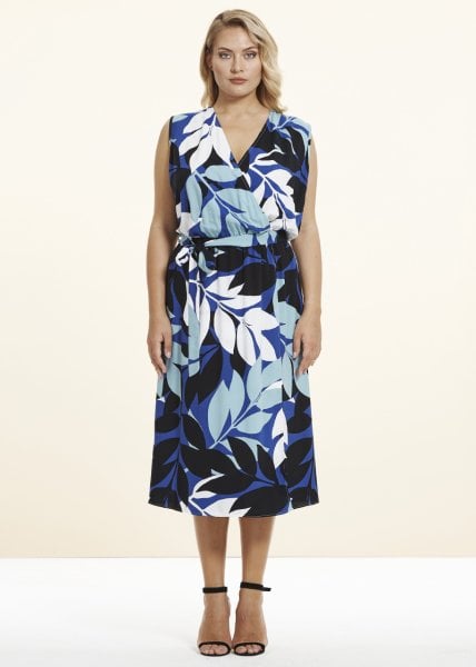 Mavi Viskon Anvelop Yaprak Desenli Büyük Beden  Elbise