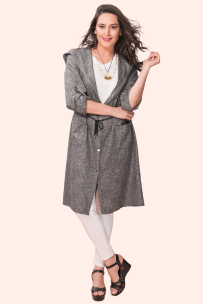 Gri Keten Büyük Beden Trençkot