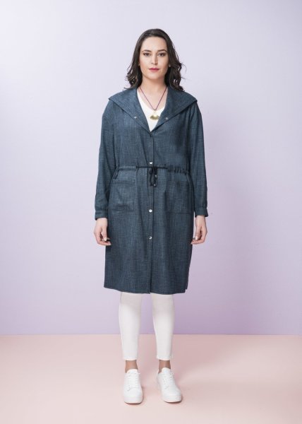 Mavi Keten Büyük Beden Trençkot
