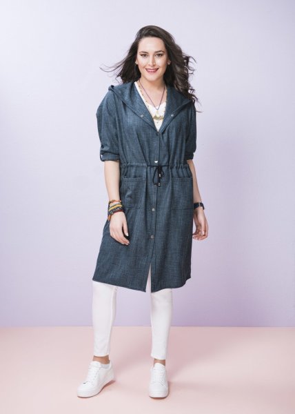 Mavi Keten Büyük Beden Trençkot