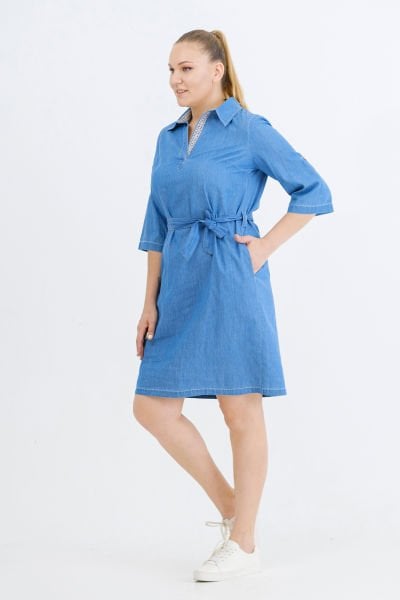 Yakası Şeritli Kot Büyük Beden Elbise