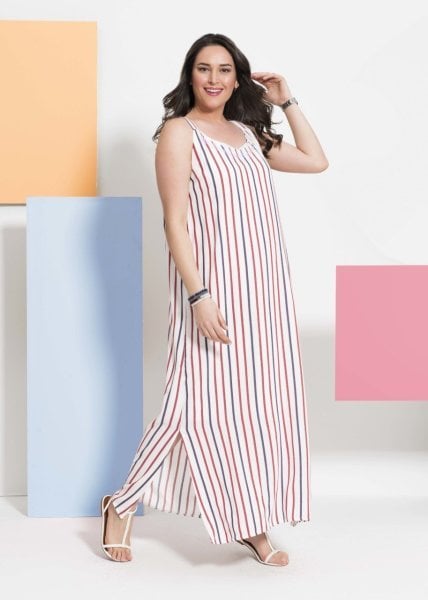 Çizgili Viskon Büyük Beden Elbise