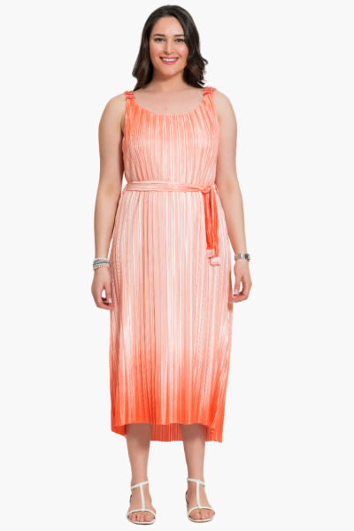 Turuncu Parlak Pliseli Büyük Beden Elbise