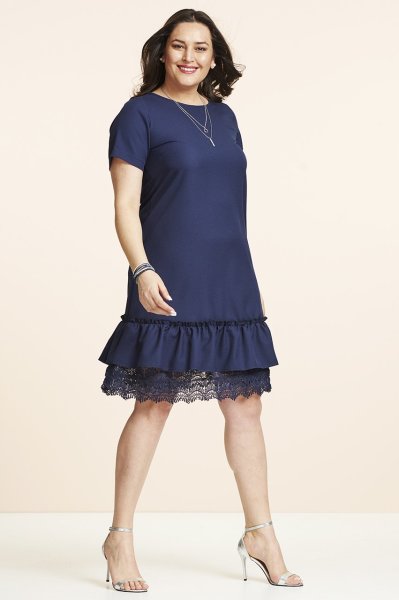 Lacivert Etek Ucu Dantel Büyük Beden Elbise