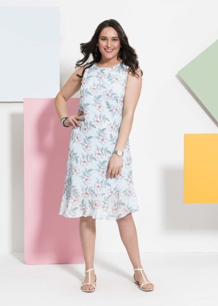 Mavi Çiçekli Büyük Beden Elbise