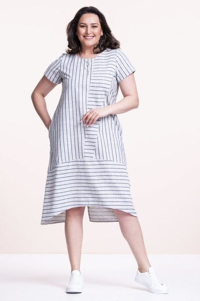 Lacivert Çizgili Spor Keten Büyük Beden Elbise