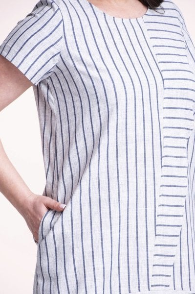 Lacivert Çizgili Spor Keten Büyük Beden Elbise