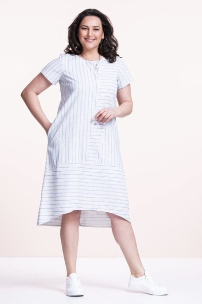 Mavi Çizgili Spor Keten Büyük Beden Elbise