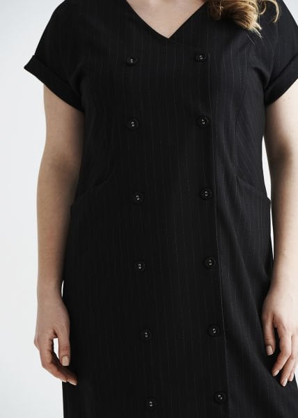 Kruvaze Çizgili Siyah Büyük Beden Elbise