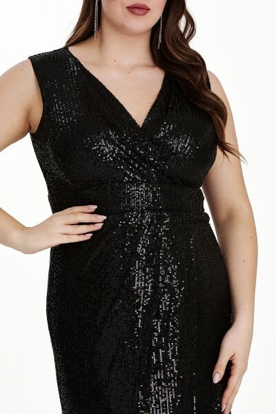 Siyah Kolsuz Önü Kruvaze Zara Payet Büyük Beden Abiye Elbise