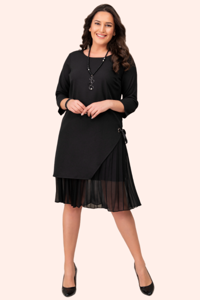 Siyah Yanı Kurdele Detaylı Büyük Beden Elbise