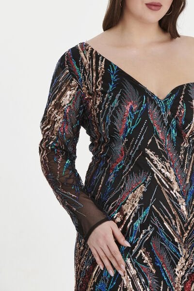 Tek Omuz Tül Renkli Payet İşlemeli Büyük Beden Abiye Elbise