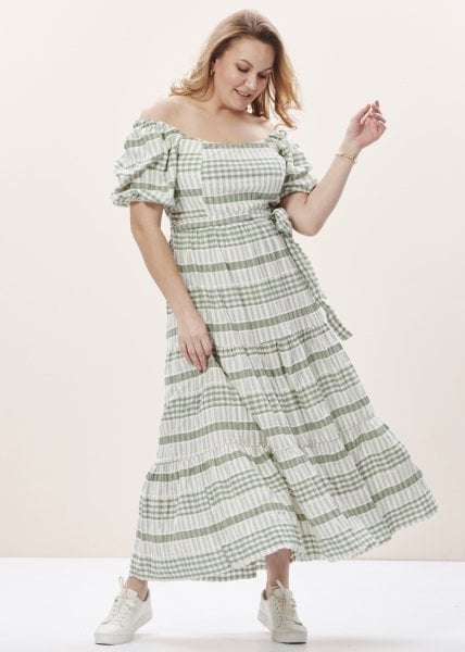 Yeşil Kayık Yaka Kareli Viskon Büyük Beden Elbise