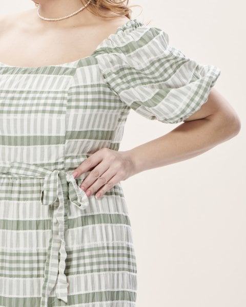 Yeşil Kayık Yaka Kareli Viskon Büyük Beden Elbise