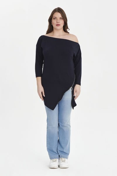 Lacivert Kayık Yaka İnce Örme Büyük Beden Bluz