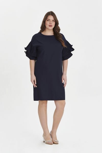 Lacivert Kolu Volanlı Midi Büyük Beden Elbise