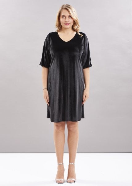 Siyah Kadife Taş Şeritli Büyük Beden Abiye Elbise