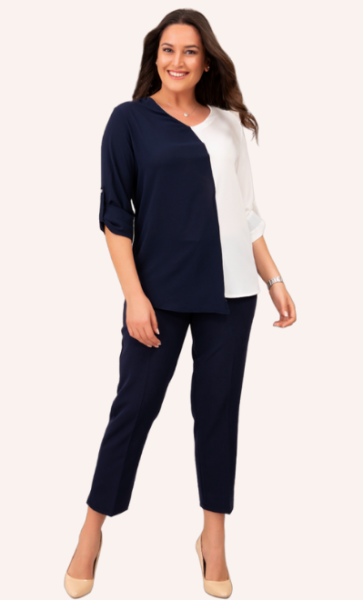 Lacivert Beyaz Zincir Detaylı Büyük Beden Bluz