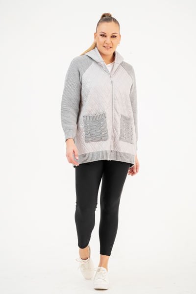 Gri Kapitoneli Kapşonlu Büyük Beden Kadın Ceket