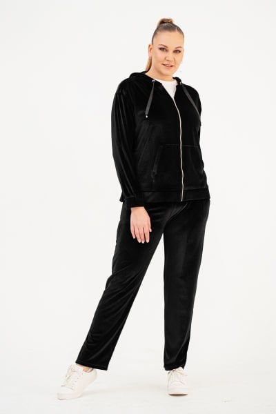 Siyah Cepli Kadife Büyük Beden Kadın Eşofman Takım