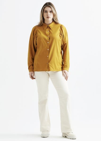 Safran Omuz Büzgülü Büyük Beden Viskon Gömlek