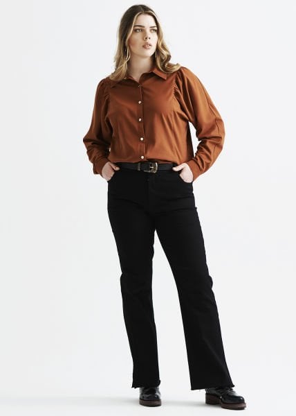 Kremit Omuz Büzgülü Büyük Beden Viskon Gömlek