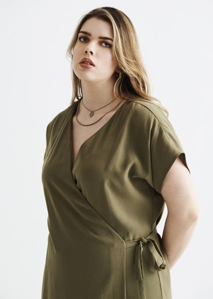 Eteği Büzgülü Kruvaze Viskon Haki Büyük Beden Elbise