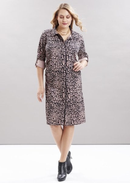 Leopar Desenli Büyük Beden Gömlek Elbise
