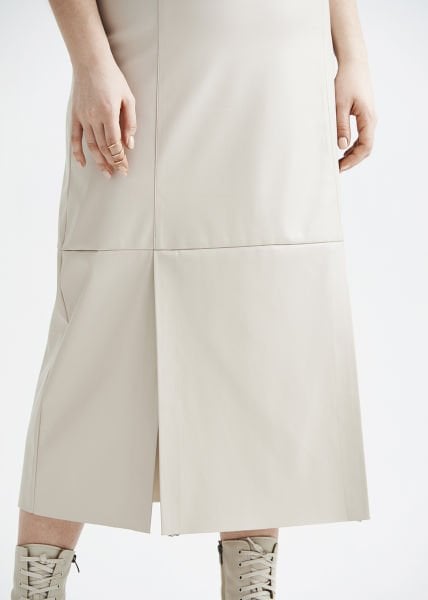 Ekru Önden Yırtmaçlı Büyük Beden Suni Deri Etek