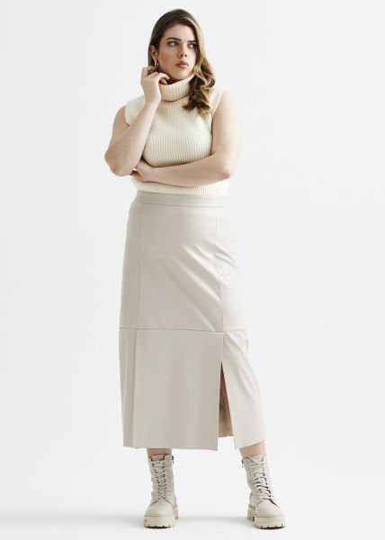 Ekru Önden Yırtmaçlı Büyük Beden Suni Deri Etek