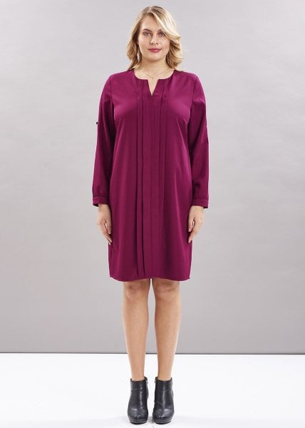 Bordo Önü Pileli Truvakar Kol Büyük Beden Elbise