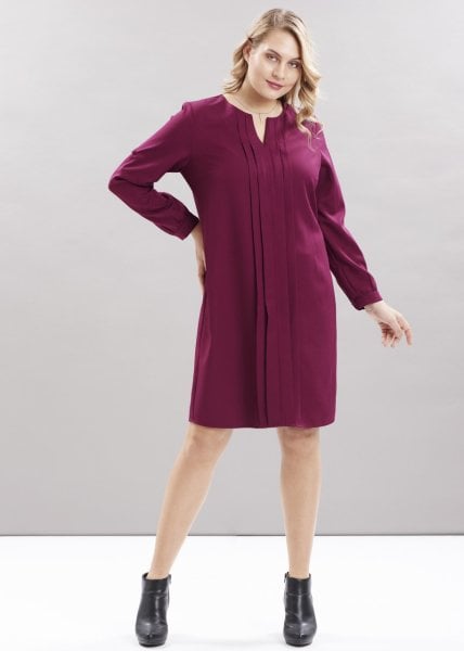 Bordo Önü Pileli Truvakar Kol Büyük Beden Elbise