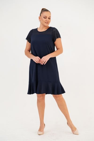 Lacivert Omuzu Dantelli Büyük Beden Elbise