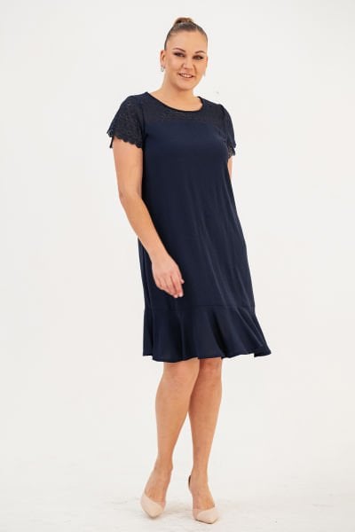 Lacivert Omuzu Dantelli Büyük Beden Elbise