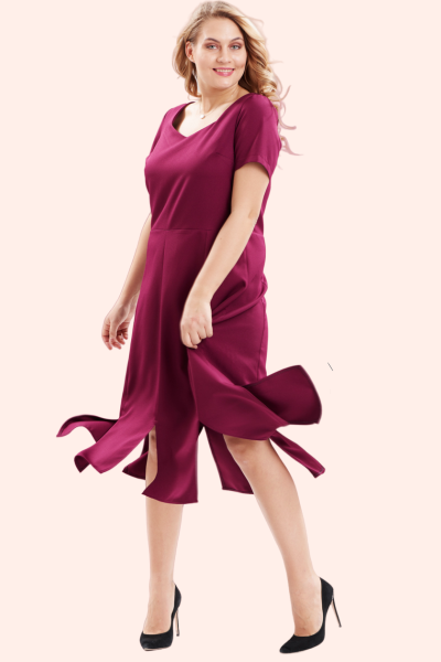 Bordo Etekleri Yırtmaçlı Büyük Beden Elbise