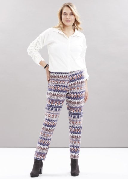 Etnik Desen Mavi Büyük Beden Kadın Pantolon