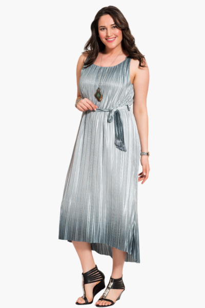 Gri Parlak Pliseli Büyük Beden Elbise