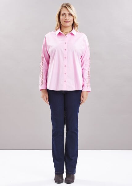 Pembe Kolu Güpür Detaylı Büyük Beden Gömlek