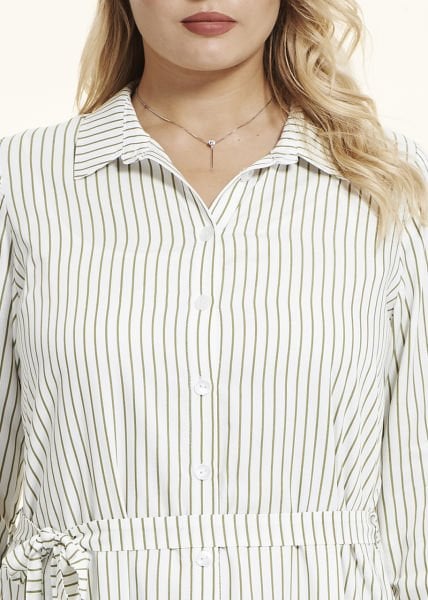 Beyaz Yeşil Çizgili Viskon Büyük Beden Gömlek Elbise