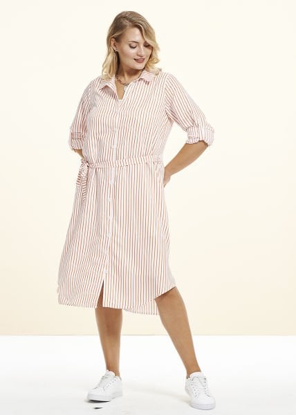 Beyaz Turuncu Çizgili Viskon Büyük Beden Gömlek Elbise