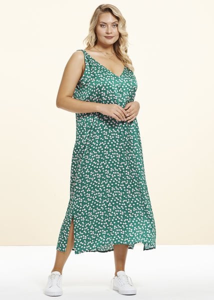 Yeşil V Yaka Saten Viskon Büyük Beden Elbise