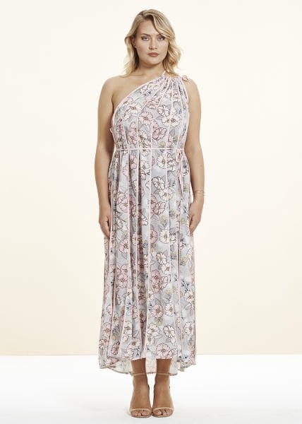 Pudra Çiçek Baskılı Tek Omuzlu Büyük Beden Elbise