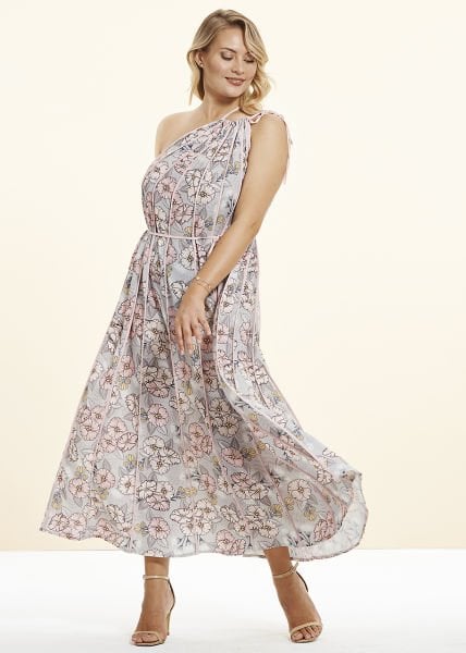 Pudra Çiçek Baskılı Tek Omuzlu Büyük Beden Elbise